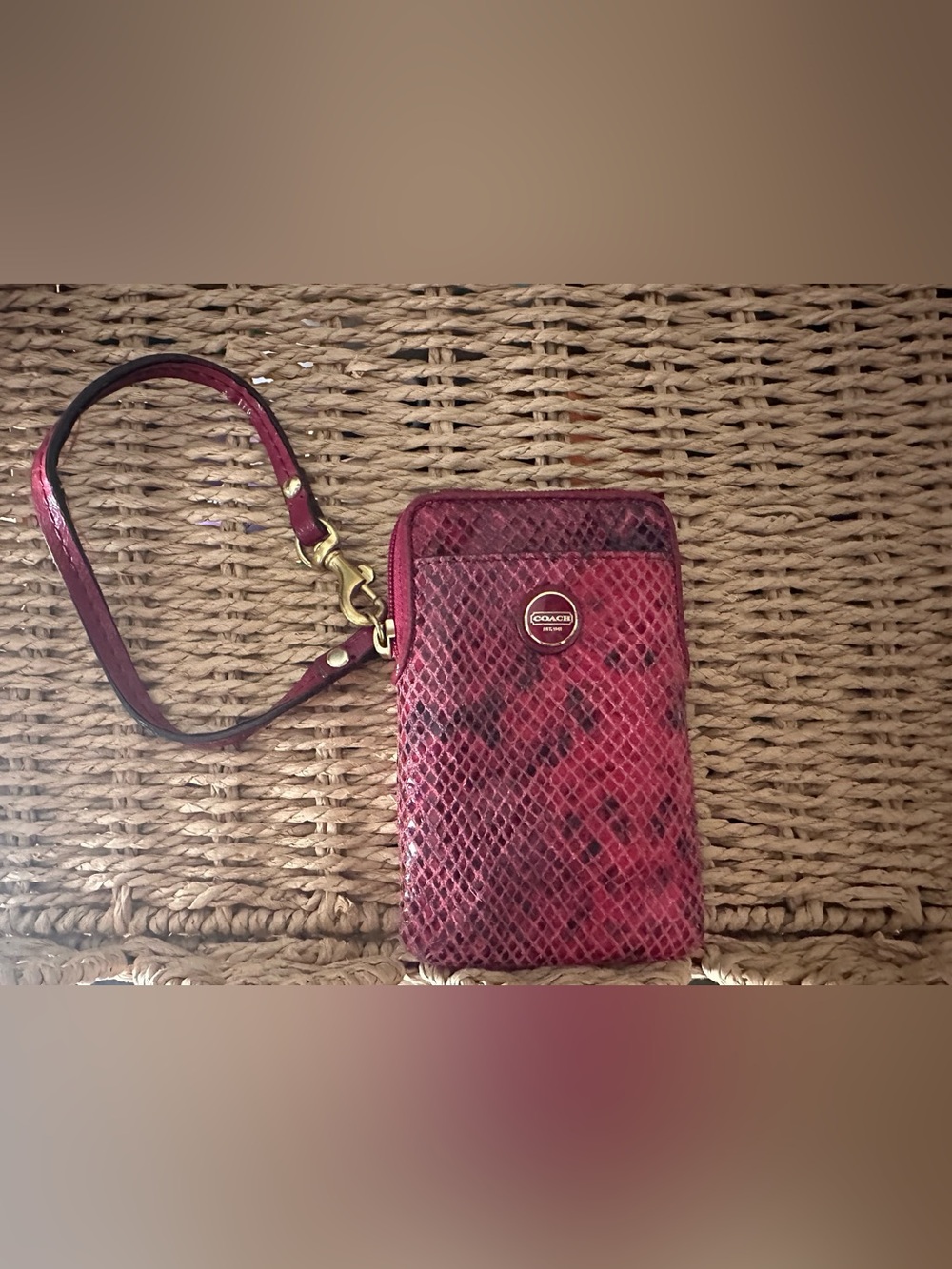 Coach Wallet | Hot Pink Snakeskin/Python Wristlet with Antique Gold Hardware